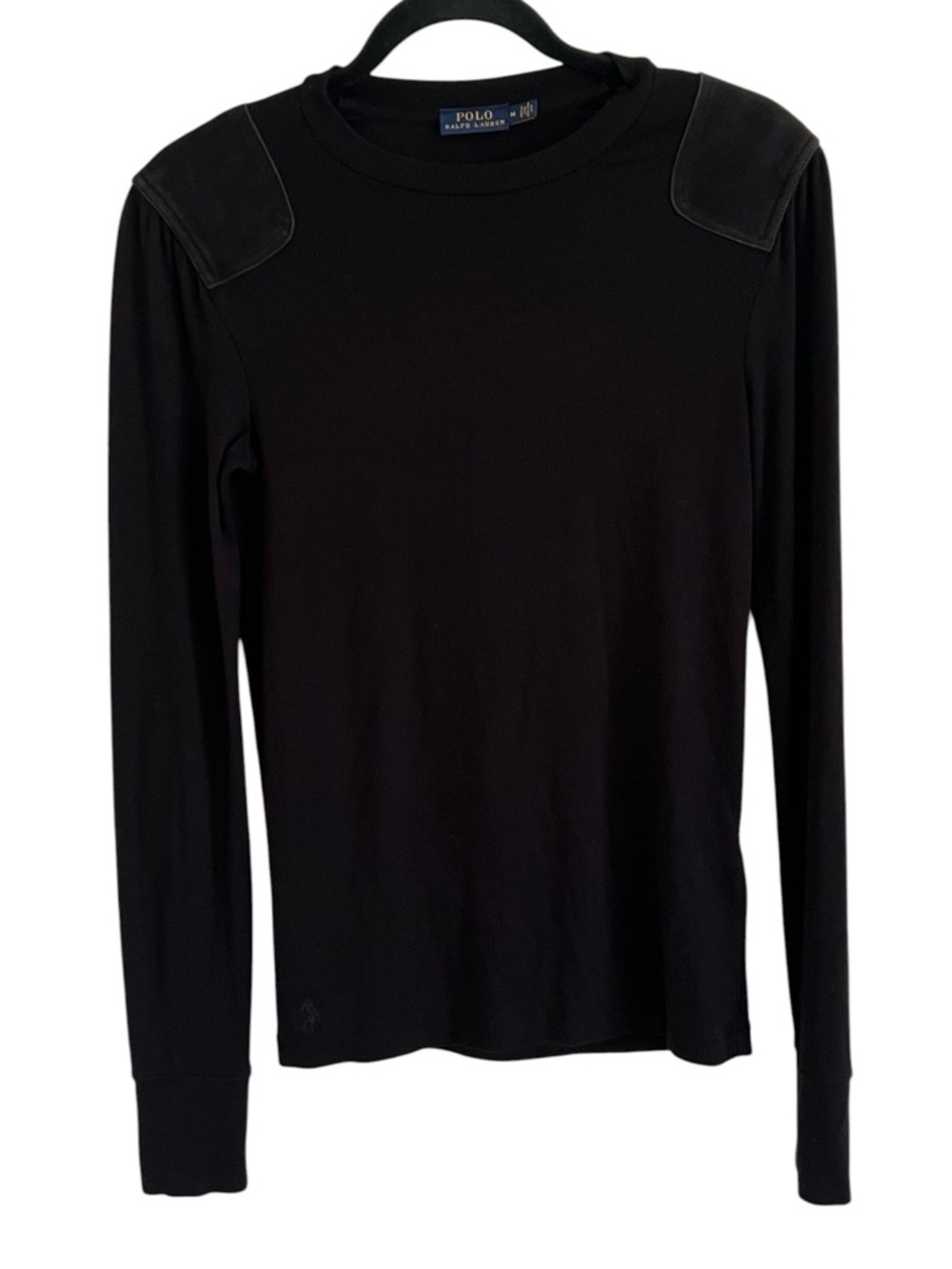 Polo Ralph Lauren Black Long Sleeve Tee With Sheep Suede Shoulder Patch Medium